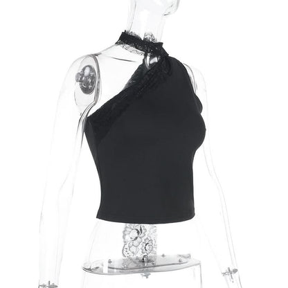 Irregular one shoulder lace solid top