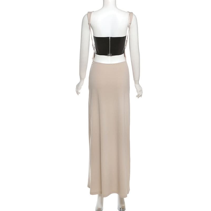 PU leather patchwork hollow out cami cut out maxi dress
