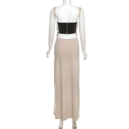 PU leather patchwork hollow out cami cut out maxi dress
