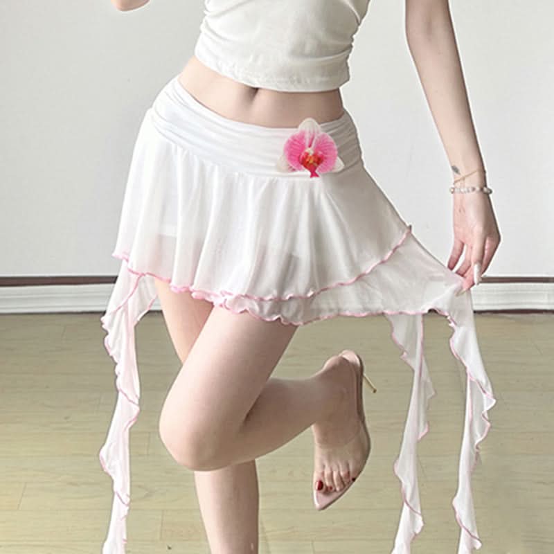 Flower applique mesh ruffle mini skirt