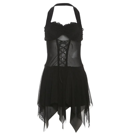 Halter ruffle mesh lace up mini dress