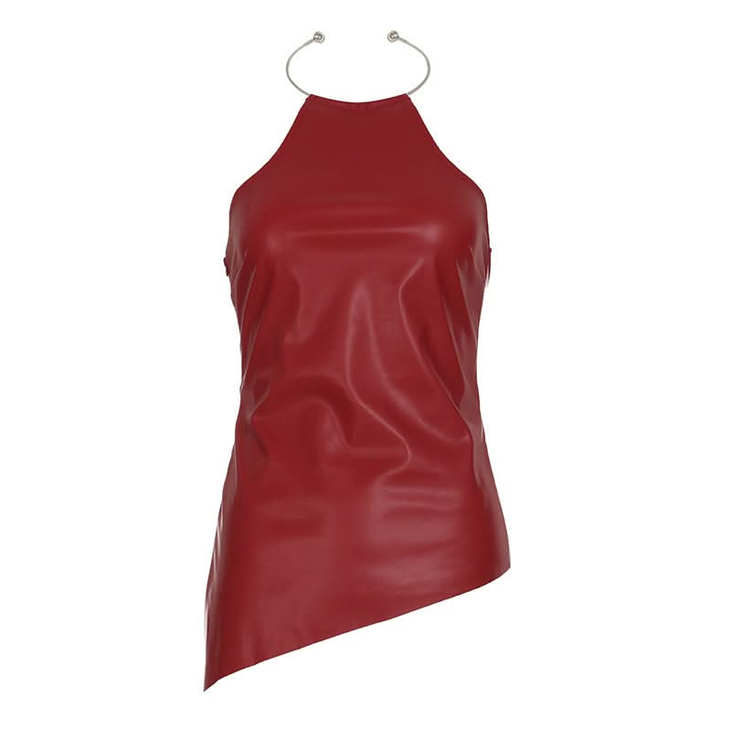 Halter PU leather irregular zip-up top
