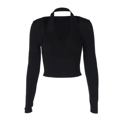 Long sleeve halter solid top
