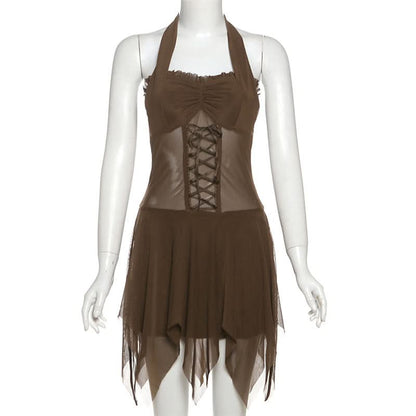 Halter ruffle mesh lace up mini dress