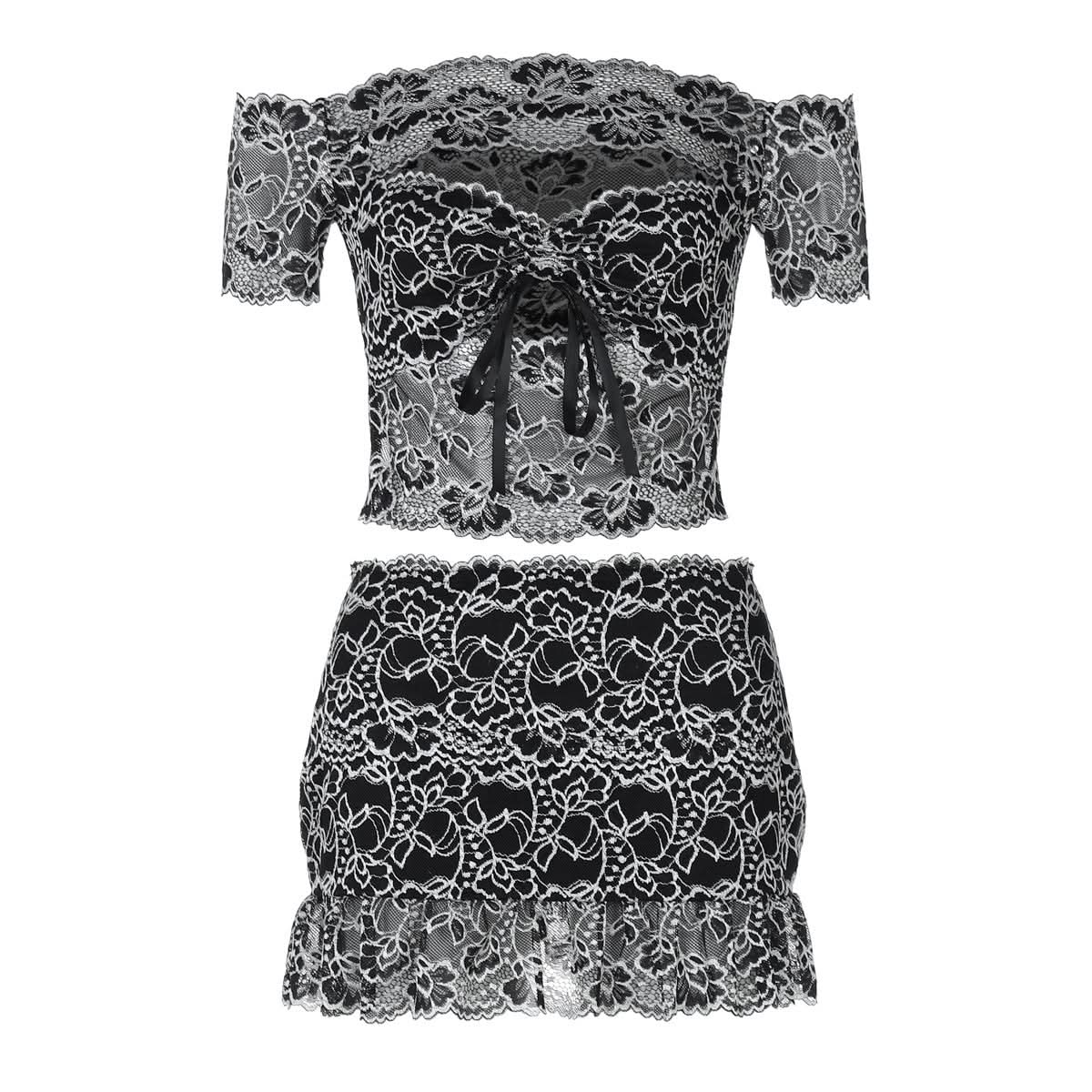 Off shoulder hollow out lace mini skirt set