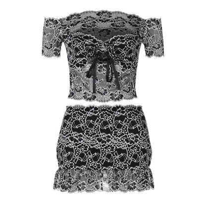 Off shoulder hollow out lace mini skirt set