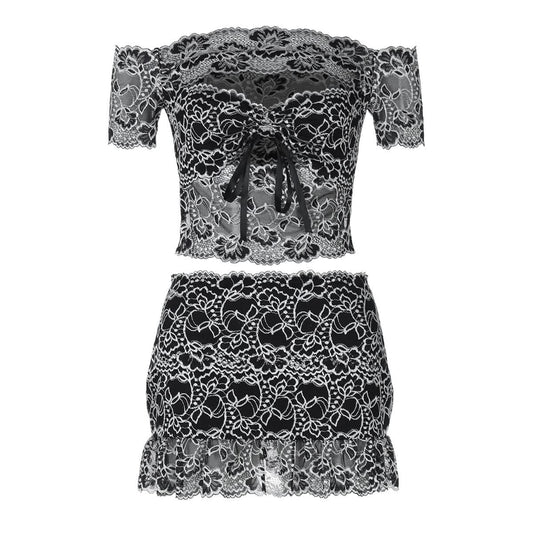 Off shoulder hollow out lace mini skirt set