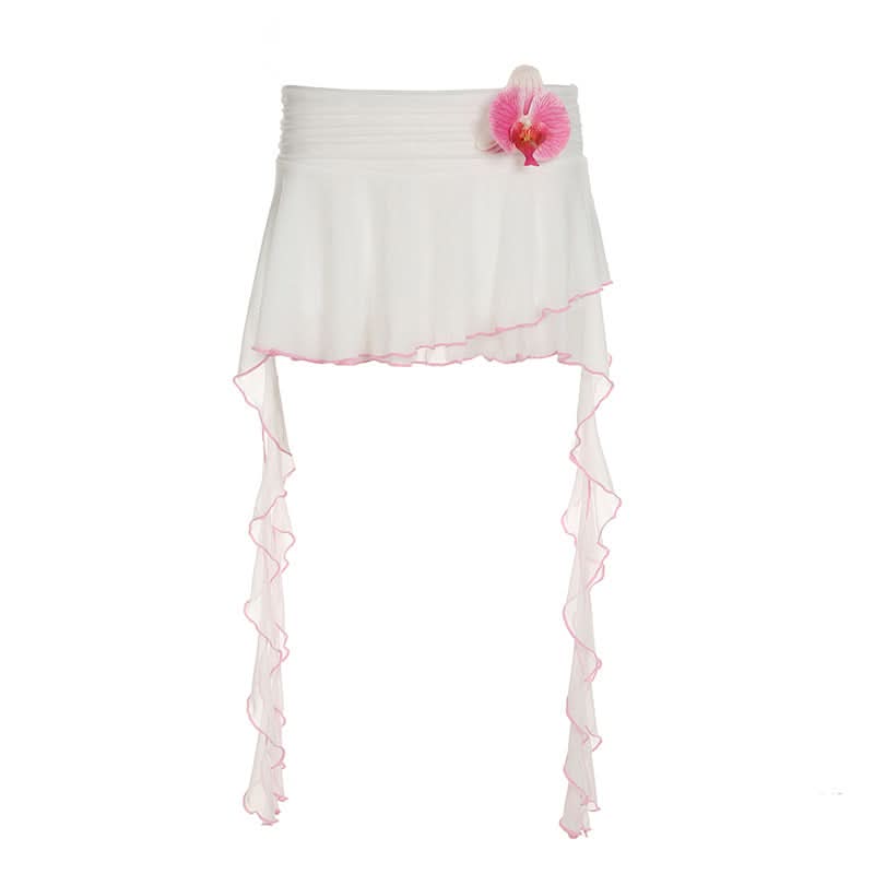 Flower applique mesh ruffle mini skirt