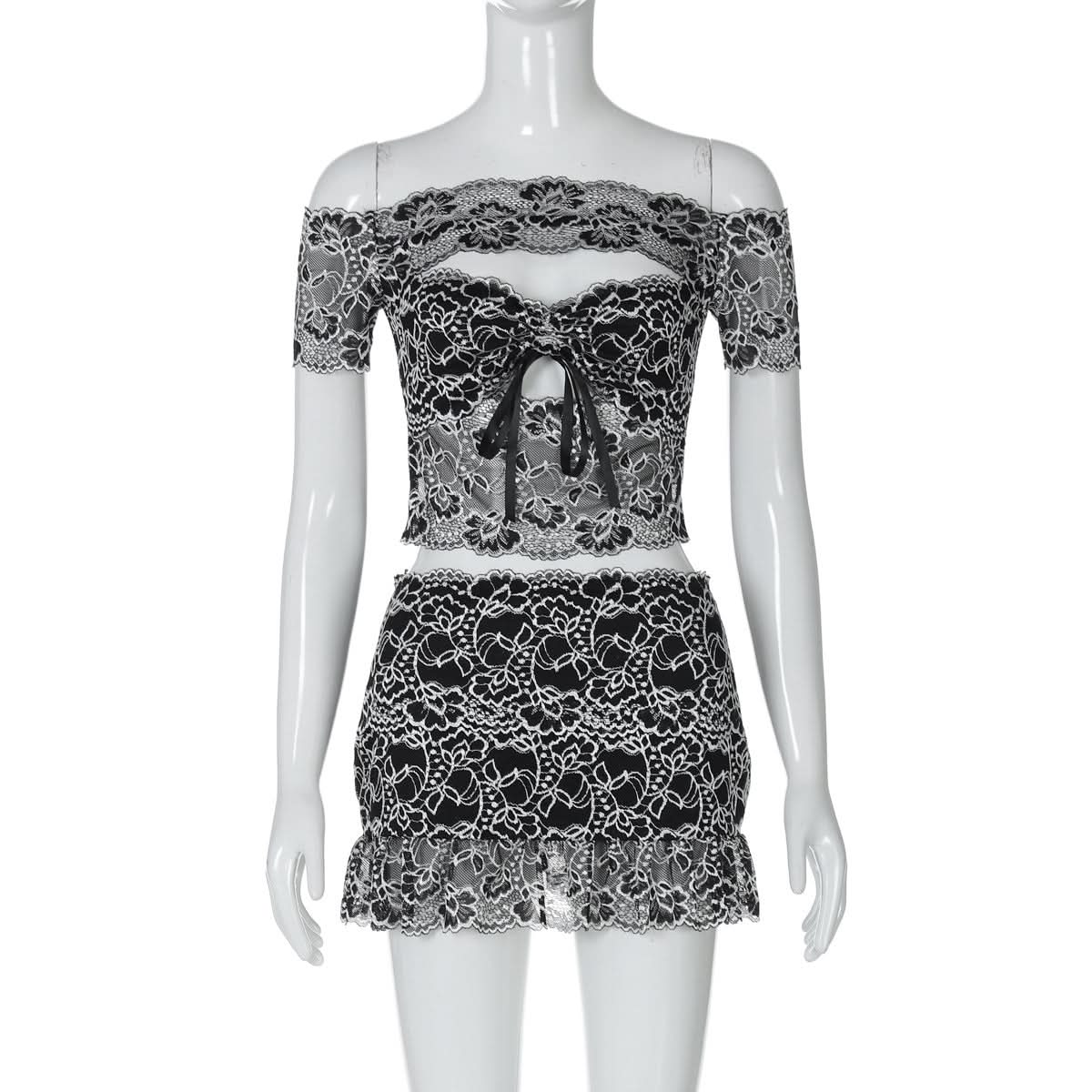 Off shoulder hollow out lace mini skirt set