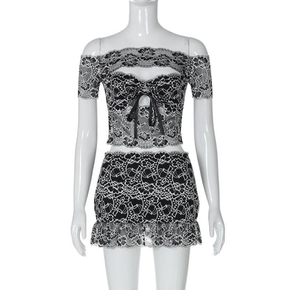 Off shoulder hollow out lace mini skirt set