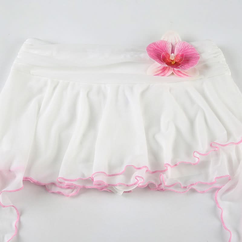 Flower applique mesh ruffle mini skirt