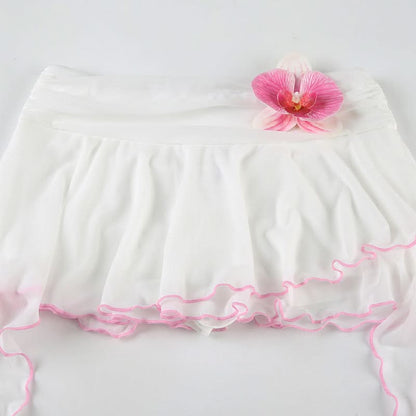 Flower applique mesh ruffle mini skirt