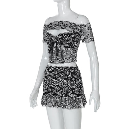 Off shoulder hollow out lace mini skirt set