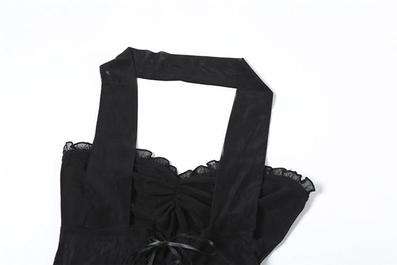 Halter ruffle mesh lace up mini dress