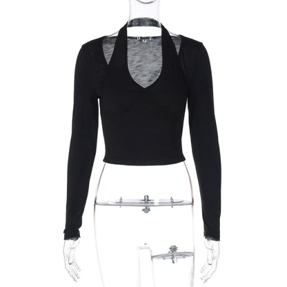 Long sleeve halter solid top