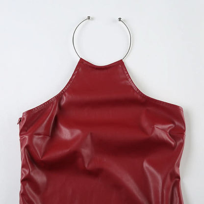 Halter PU leather irregular zip-up top