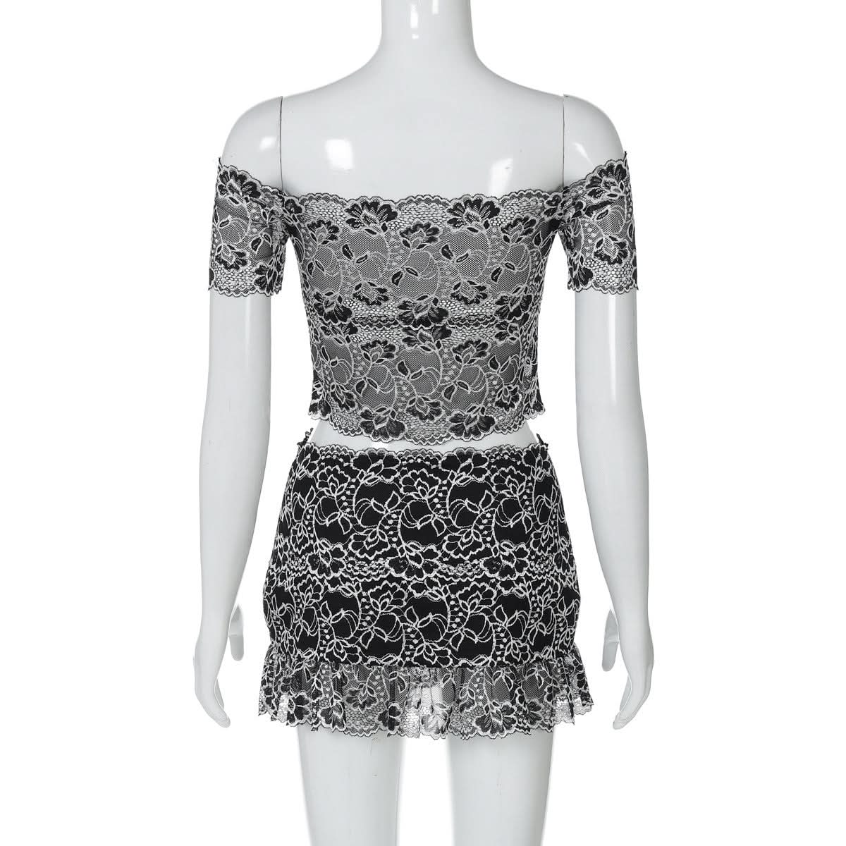 Off shoulder hollow out lace mini skirt set