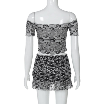 Off shoulder hollow out lace mini skirt set
