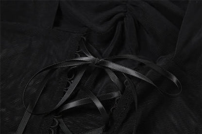 Halter ruffle mesh lace up mini dress
