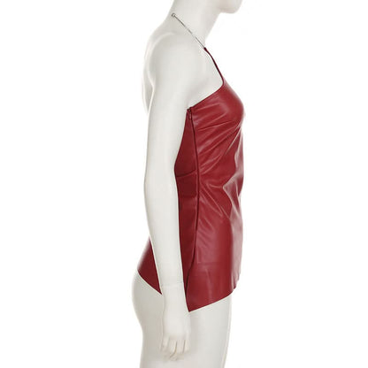 Halter PU leather irregular zip-up top