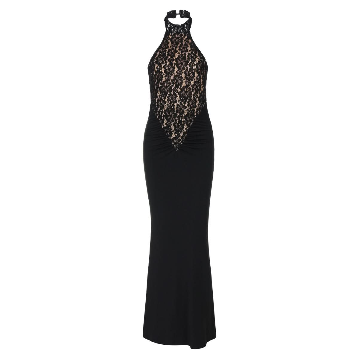 Halter backless lace ruched maxi dress
