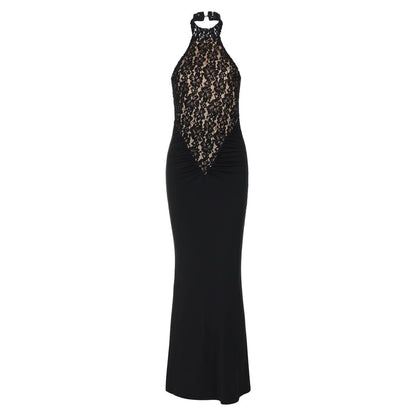 Halter backless lace ruched maxi dress