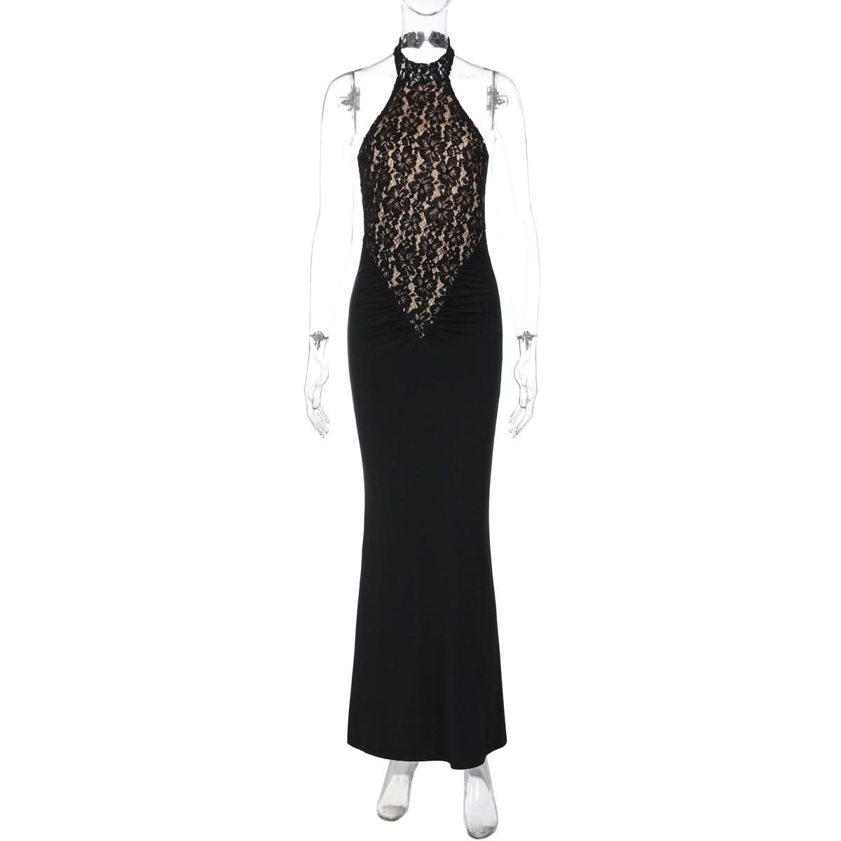 Halter backless lace ruched maxi dress