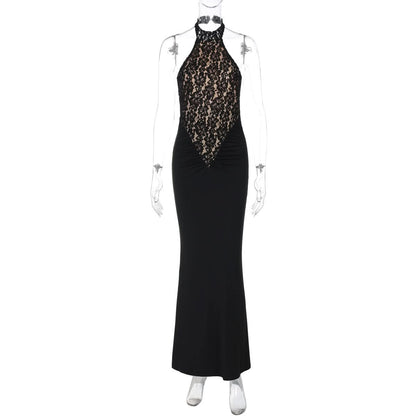 Halter backless lace ruched maxi dress