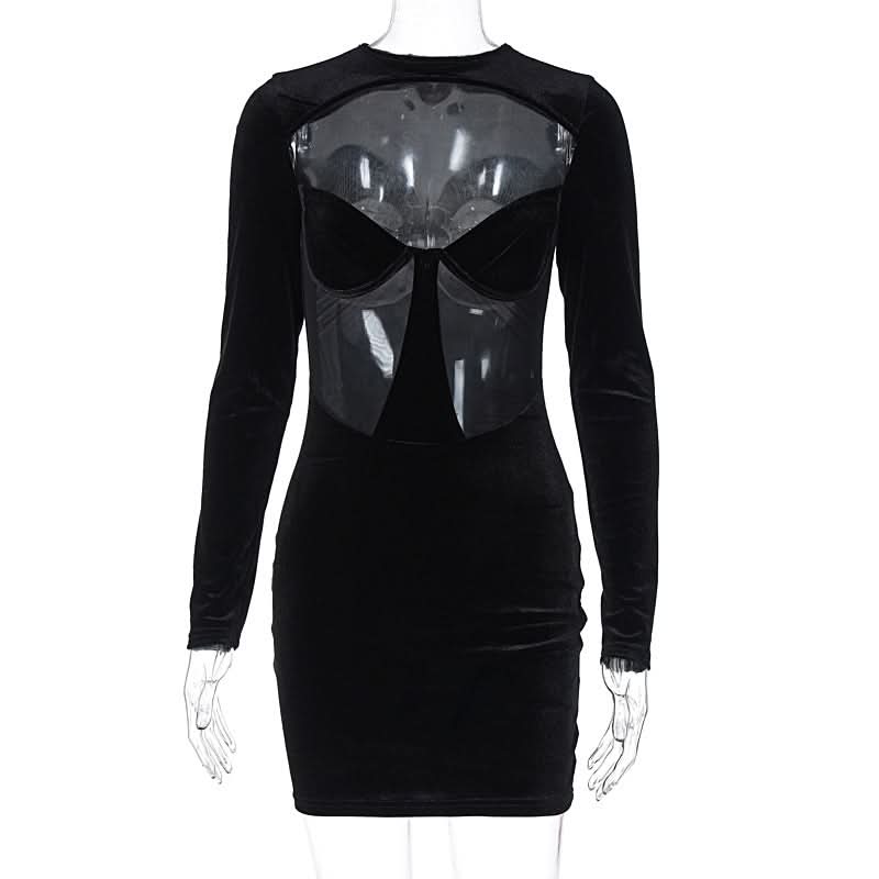 Long sleeve hollow out velvet cut out mini dress
