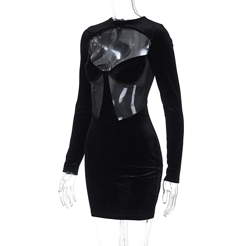 Long sleeve hollow out velvet cut out mini dress