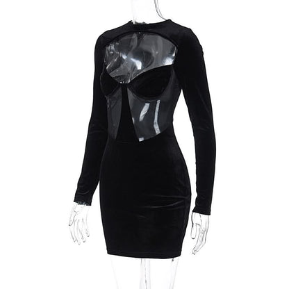 Long sleeve hollow out velvet cut out mini dress