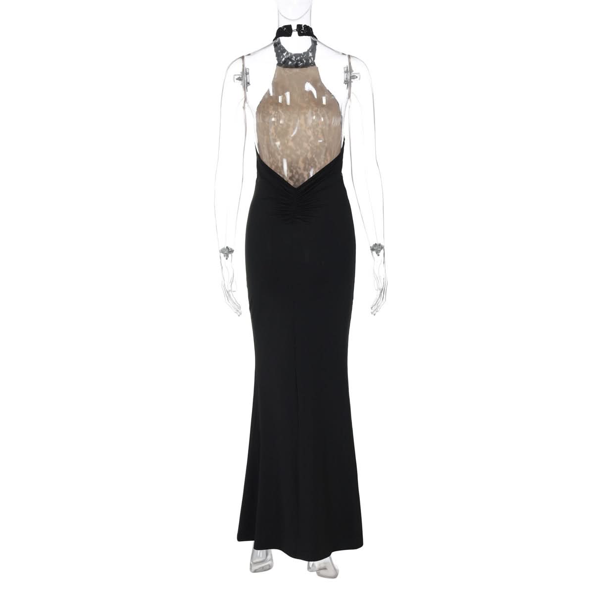 Halter backless lace ruched maxi dress