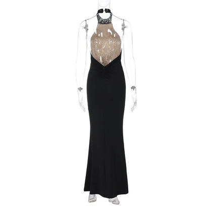 Halter backless lace ruched maxi dress