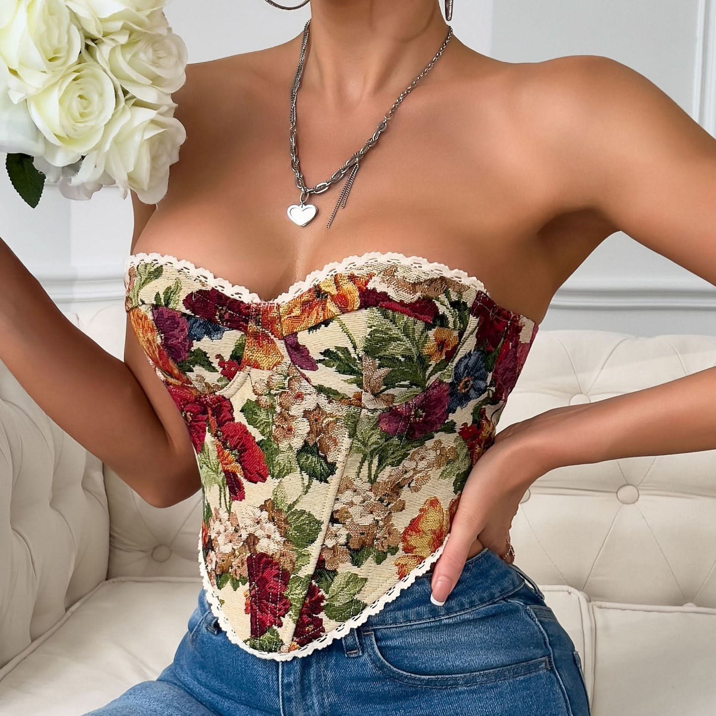 Sweetheart neck flower print lace up top
