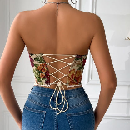 Sweetheart neck flower print lace up top
