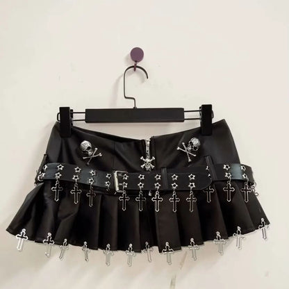 Pleated zip-up belt skull applique mini skirt