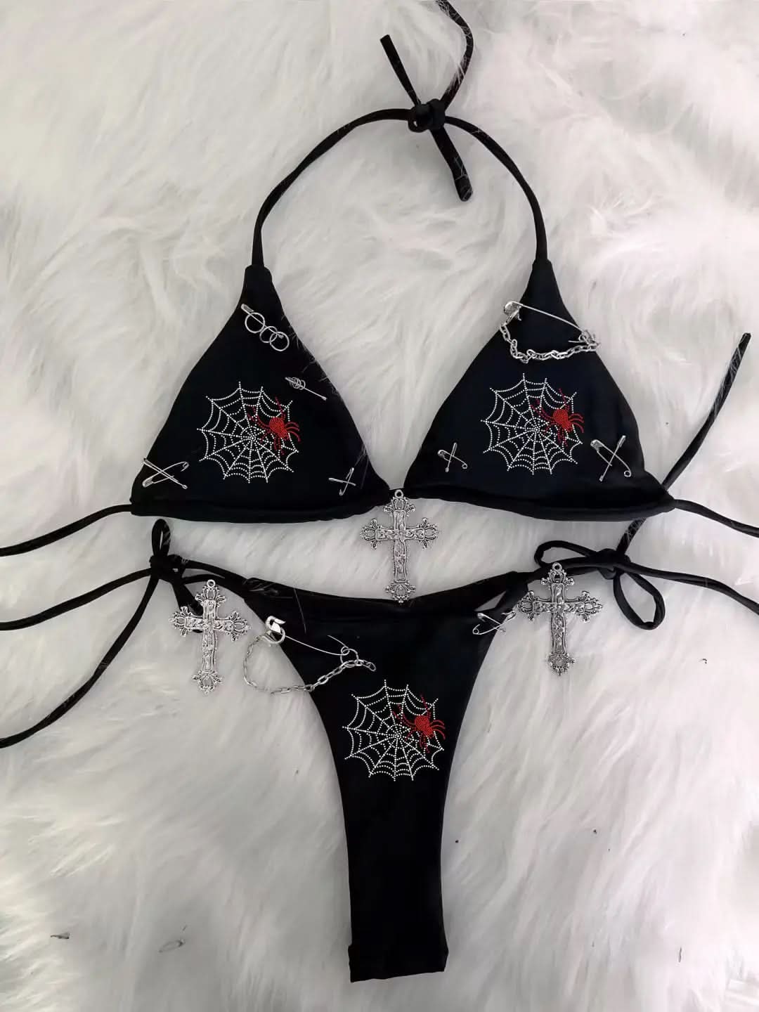 Halter self tie beaded cross applique short pant set