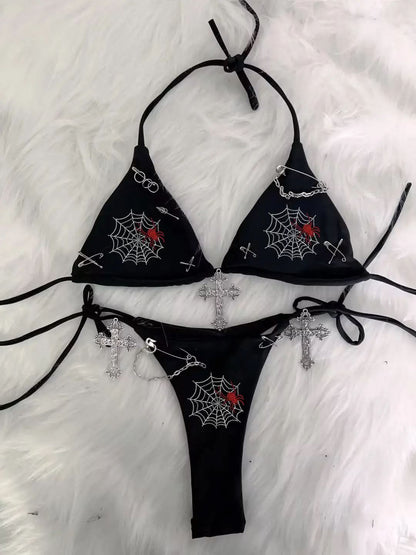 Halter self tie beaded cross applique short pant set