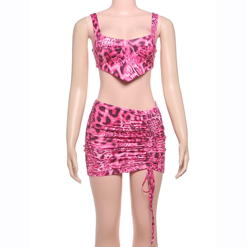 Leopard print drawstring ruched cami mini skirt set