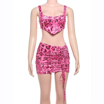 Leopard print drawstring ruched cami mini skirt set