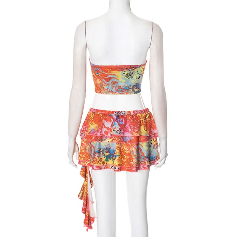 Hollow out print ruffle A line tube mini skirt set