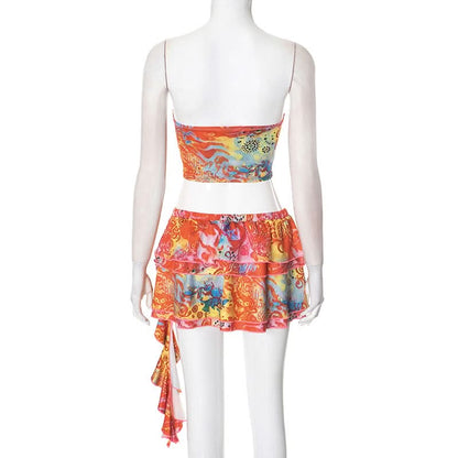 Hollow out print ruffle A line tube mini skirt set