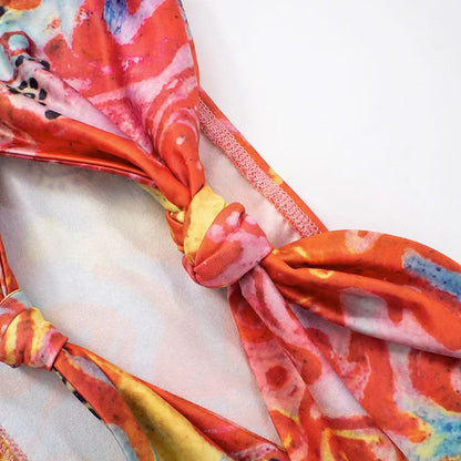 Hollow out print ruffle A line tube mini skirt set