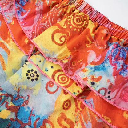 Hollow out print ruffle A line tube mini skirt set