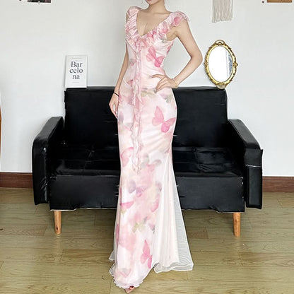 Mesh v neck ruffle butterfly print maxi dress