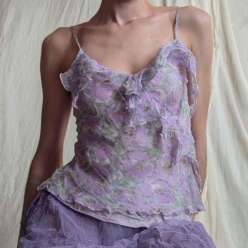 V neck ruffle flower print contrast cami top