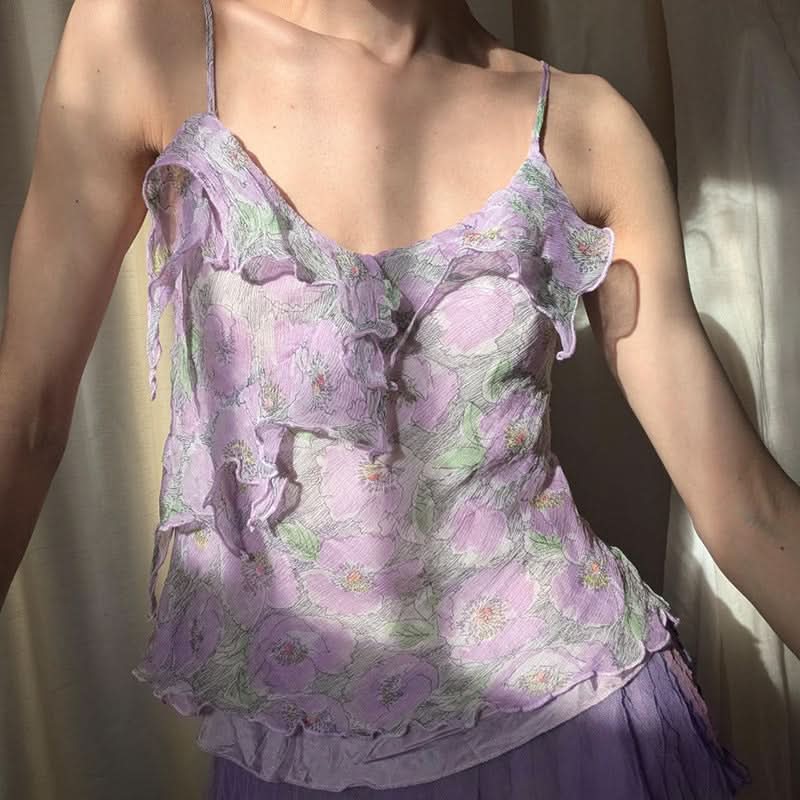 V neck ruffle flower print contrast cami top