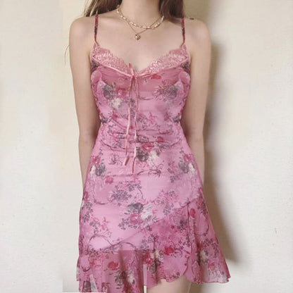 Lace hem v neck bowknot flower print cami mini dress