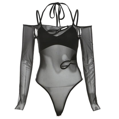 Long sleeve off shoulder mesh hollow out button bodysuit