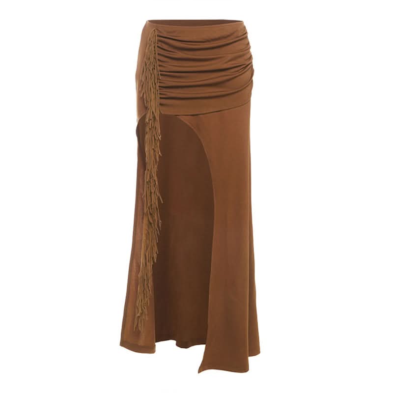 Slit irregular ruched solid maxi skirt